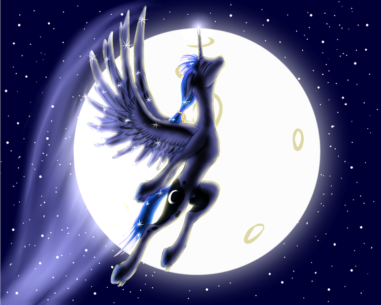 Size: 1280x1024 | Tagged: safe, artist:vasillium, derpibooru import, princess luna, alicorn, pony, flying, moon, night, prince artemis, rule 63, solo, unshorn fetlocks