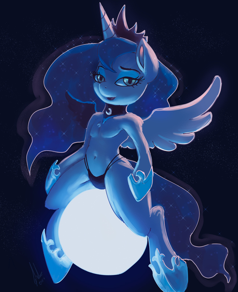 Size: 855x1051 | Tagged: questionable, artist:raikoh, derpibooru import, princess luna, pony, semi-anthro, bedroom eyes, belly button, bipedal, black underwear, clothes, collar, crown, female, full moon, glow, jewelry, looking at you, moon, open mouth, panties, partial nudity, regalia, smiling, solo, solo female, tangible heavenly object, underwear