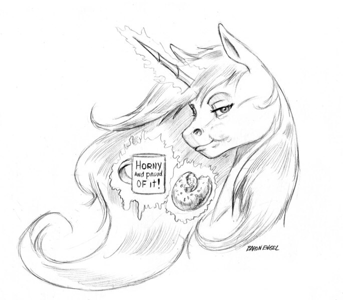 Size: 1400x1227 | Tagged: artist:baron engel, cup, derpibooru import, donut, eating, food, glowing horn, grayscale, innuendo, lidded eyes, looking at you, magic, missing accessory, monochrome, pencil drawing, princess celestia, safe, simple background, sketch, solo, traditional art, white background