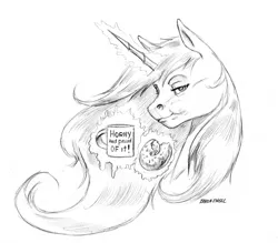Size: 1400x1227 | Tagged: artist:baron engel, cup, derpibooru import, donut, eating, food, glowing horn, grayscale, innuendo, lidded eyes, looking at you, magic, missing accessory, monochrome, pencil drawing, princess celestia, safe, simple background, sketch, solo, traditional art, white background
