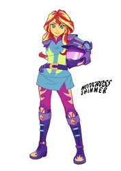 Size: 595x842 | Tagged: safe, artist:m.y., derpibooru import, sunset shimmer, equestria girls, friendship games, cute, female, hand on hip, motocross outfit, pixiv, shimmerbetes, simple background, solo, white background