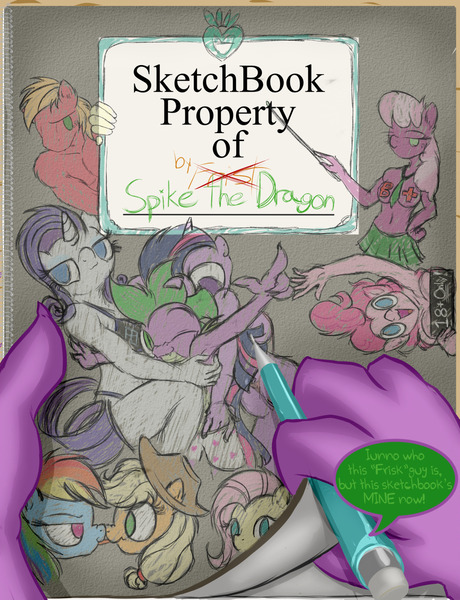 Size: 1280x1668 | Tagged: questionable, artist:frist44, derpibooru import, applejack, big macintosh, cheerilee, fluttershy, pinkie pie, rainbow dash, rarity, spike, twilight sparkle, anthro, comic:sketchbook property of spike, bare chest, clothes, comic cover, male, mane seven, mane six, mechanical pencil, older, older spike, partial nudity, pencil, rarilight, shipping, sketchbook, sparity, spike gets all the mares, straight, topless, twisparity, twispike, underwear