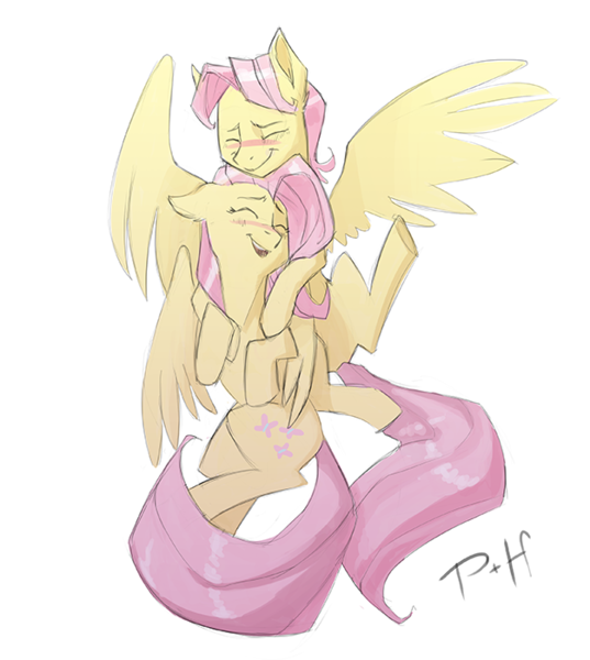 Size: 626x700 | Tagged: safe, artist:bypenandhoof, derpibooru import, fluttershy, pegasus, pony, blushing, butterscotch, eyes closed, female, flutterscotch, hug, male, mare, rule 63, self ponidox, selfcest, shipping, simple background, stallion, straight, white background