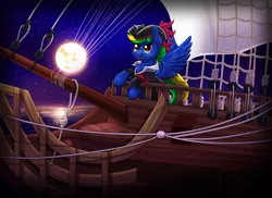 Size: 1920x1400 | Tagged: safe, artist:confetticakez, derpibooru import, oc, unofficial characters only, pegasus, pony, clothes, full moon, glasses, hat, mast, moon, night, open mouth, pirate, pirate hat, pirate ship, smiling, solo