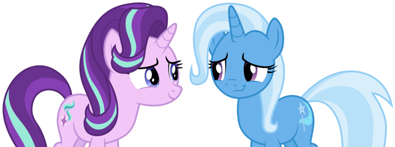 Size: 8032x3001 | Tagged: safe, artist:cloudyglow, derpibooru import, starlight glimmer, trixie, pony, unicorn, no second prances, .ai available, absurd resolution, duo, female, looking at each other, mare, simple background, smiling, transparent background, vector