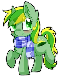 Size: 915x1185 | Tagged: safe, artist:cloureed, derpibooru import, oc, oc:meadow dawn, unofficial characters only, pony, unicorn, blushing, christmas, clothes, gift art, scarf, simple background, solo, starry eyes, transparent background, wingding eyes