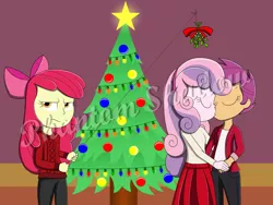 Size: 1280x960 | Tagged: safe, artist:phantomshadow051, derpibooru import, apple bloom, scootaloo, sweetie belle, equestria girls, christmas, clothes, female, kissing, lesbian, mistletoe, obtrusive watermark, scootabelle, shipping, skirt, unamused, watermark