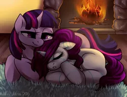 Size: 1300x1000 | Tagged: safe, artist:fur-what-loo, derpibooru import, twilight sparkle, oc, oc:raribot, pony, robot, robot pony, commission, cuddling, female, filly, filly twilight sparkle, fireplace, mother and daughter, raribot, snuggling