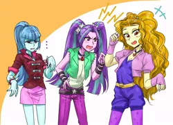 Size: 1112x800 | Tagged: safe, artist:invisibleone11, derpibooru import, adagio dazzle, aria blaze, sonata dusk, equestria girls, ..., body swap, clothes, cute, discussion, skirt, the dazzlings