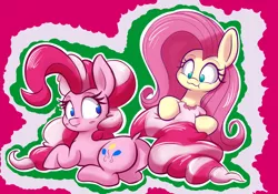 Size: 5000x3500 | Tagged: safe, artist:heir-of-rick, derpibooru import, fluttershy, pinkie pie, earth pony, pony, absurd resolution, balloonbutt, big ears, biting, blush sticker, blushing, candy, candy cane, cute, diapinkes, dock, duo, eating, edible mane, female, food, looking back, mare, nom, plot, prone, striped mane, tail bite