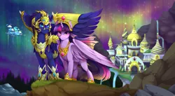 Size: 3651x2000 | Tagged: safe, artist:mr-tiaa, derpibooru import, twilight sparkle, twilight sparkle (alicorn), oc, oc:zephyr, alicorn, pony, armor, aurora borealis, canon x oc, canterlot, cliff, cloudsdale, forest, male, night, shipping, spread wings, stars, straight, twiphyr, windswept mane, wing armor