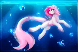 Size: 3000x2008 | Tagged: safe, artist:koveliana, derpibooru import, oc, oc:coral, unofficial characters only, original species, pony, shark pony, bubble, chromatic aberration, crepuscular rays, female, mare, ocean, open mouth, solo, underwater