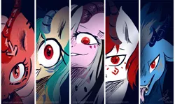 Size: 809x482 | Tagged: artist:chirpy-chi, demon pony, derpibooru, derpibooru import, derpibooru ponified, looking at you, meta, oc, oc:crimson wings, oc:downvote, oc:musica ink, oc:sapphire breeze, oc:skyrider, ponified, semi-grimdark, succubus, succupony, unofficial characters only