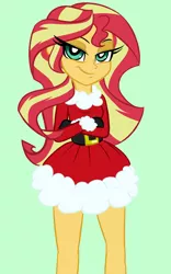 Size: 1000x1600 | Tagged: safe, artist:wubcakeva, derpibooru import, sunset shimmer, equestria girls, belt buckle, christmas, clothes, costume, crossed arms, cute, dress, eyelashes, gloves, green eyes, lidded eyes, looking at you, santa costume, shimmerbetes, smiling, smirk, solo