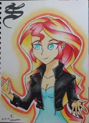 Size: 951x1315 | Tagged: safe, artist:emichaca, derpibooru import, sunset shimmer, equestria girls, breasts, clothes, cute, female, jacket, leather jacket, smiling, solo, traditional art