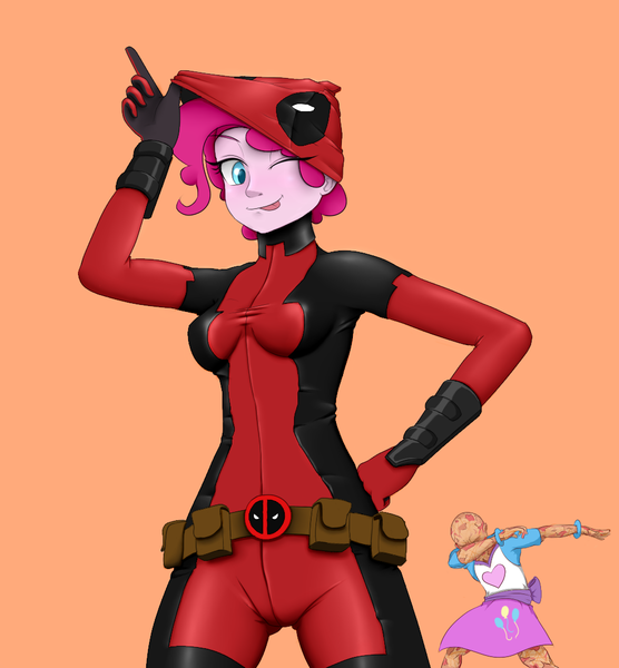 Size: 1000x1080 | Tagged: safe, artist:janji009, derpibooru import, pinkie pie, equestria girls, bracelet, breasts, clothes, clothes swap, costume, costume swap, crossover, dab, deadpool, duo, female, jewelry, marvel, one eye closed, orange background, pinkiepool (pairing), simple background, skirt, tongue out, wade wilson, wink