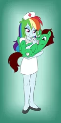 Size: 1000x2000 | Tagged: safe, artist:queentigrel, derpibooru import, rainbow dash, oc, oc:northern haste, earth pony, pony, equestria girls, adult foal, baby bottle, bottle feeding, commission, holding a pony, lidded eyes, northash, nurse, nurse outfit, puffy cheeks, smiling