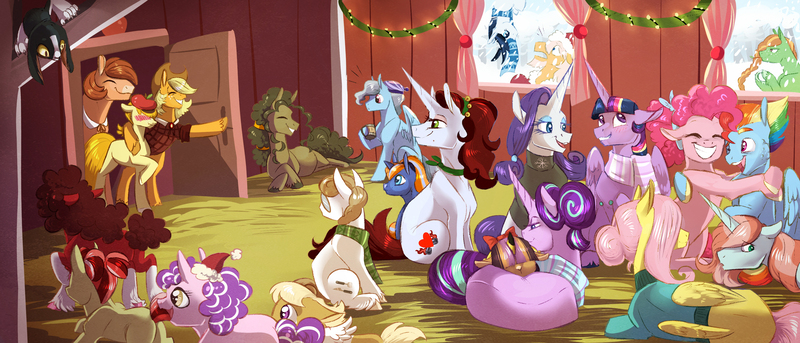 Size: 3500x1500 | Tagged: safe, artist:vindhov, derpibooru import, applejack, fluttershy, pinkie pie, rainbow dash, rarity, starlight glimmer, twilight sparkle, twilight sparkle (alicorn), oc, oc:bumblebee, oc:crabapple, oc:curtain call, oc:haywire, oc:honeycrisp, oc:hurricane, oc:love letter, oc:marigold twinkle, oc:perfectly peachy pie, oc:perry pebble pie, oc:petit choux, oc:red velvet, oc:scarlet heart, oc:silver lining (vindhov), oc:snap apple, oc:sulphur pie, oc:sweet tooth, alicorn, diamond dog, earth pony, hybrid, pegasus, pony, unicorn, yakony, adopted offspring, barn, beard, bow, braid, clothes, diamond dog oc, facial hair, female, filly, foal, hair bow, hair bun, half-siblings, hat, hearth's warming, interspecies offspring, magical lesbian spawn, male, mane six, mare, offspring, parent:apple bloom, parent:applejack, parent:big macintosh, parent:carrot crunch, parent:cheerilee, parent:discord, parent:donut joe, parent:fluttershy, parent:maud pie, parent:pipsqueak, parent:ponet, parent:prince rutherford, parent:rainbow dash, parent:rarity, parent:scootaloo, parent:soarin', parent:sunburst, parent:sweetie belle, parent:twilight sparkle, parent:twist, parent:wind rider, parents:cheerimac, parents:crunchbloom, parents:discodash, parents:ponetshy, parents:rarijoe, parents:scootasqueak, parents:soarinjack, parents:trouble pie, parents:twiburst, parents:twiford, parents:windash, party, puppy, santa hat, scarf, snip (coat marking), stallion, sweater