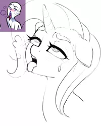 Size: 1280x1600 | Tagged: suggestive, artist:kinkypinkie, derpibooru import, trixie, pony, unicorn, ahegao, ahego meme, bedroom eyes, blushing, breath, bust, female, floppy ears, implied sex, mare, open mouth, simple background, sketch, solo, solo female, sweat, tongue out, white background