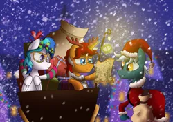 Size: 5787x4092 | Tagged: safe, artist:simonk0, derpibooru import, oc, oc:mindful mythos, oc:sentinel shield, oc:snowy silvercast, unofficial characters only, pegasus, pony, unicorn, absurd resolution, christmas, christmas lights, clothes, compass, costume, glasses, headband, holly, lightbulb, map, ponyville, present, reindeer antlers, sack, saddle bag, santa costume, scarf, sleigh, snow, snowfall, socks, tired eyes