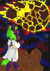 Size: 2449x3489 | Tagged: safe, artist:saxpony, derpibooru import, oc, oc:space gaze, unofficial characters only, pony, unicorn, clothes, earth shattering kaboom, explosion, female, lab coat, mare, planet, space, traditional art