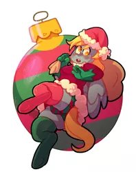 Size: 830x1046 | Tagged: suggestive, artist:weatherly, derpibooru import, derpy hooves, anthro, unguligrade anthro, bauble, blushing, christmas ornament, clothes, costume, decoration, female, hat, panties, sack, santa costume, santa hat, santa sack, socks, solo, solo female, underwear