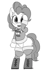 Size: 1142x1920 | Tagged: safe, artist:pabbley, derpibooru import, pinkie pie, pony, semi-anthro, bipedal, boots, clothes, coat, ear fluff, grayscale, looking at you, monochrome, open mouth, scarf, simple background, smiling, solo, white background, winter outfit