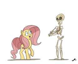 Size: 864x720 | Tagged: safe, artist:docwario, derpibooru import, fluttershy, human, pegasus, pony, 2spooky, animated, bone, cute, dancing, duo, gif, happy, open mouth, shyabetes, simple background, skeleton, smiling, spooky scary skeleton, spoopy, wat, white background