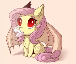 Size: 1953x1637 | Tagged: safe, artist:evehly, derpibooru import, angel bunny, fluttershy, bat pony, pony, abuse, angelbuse, animal abuse, animal prey, behaving like a cat, chest fluff, chibi, cute, ear fluff, eaten alive, eating, fetish, flailing, fluffy, flutterbat, flutterpred, grimcute, looking up, predation, race swap, red eyes, shyabates, shyabetes, sitting, slit eyes, solo, spread wings, sweet dreams fuel, vore