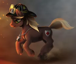 Size: 1200x1024 | Tagged: safe, artist:paintedhoofprints, derpibooru import, oc, oc:rescue sunstreak, unofficial characters only, earth pony, pony, commission, firefighter, helmet, running, solo, unshorn fetlocks