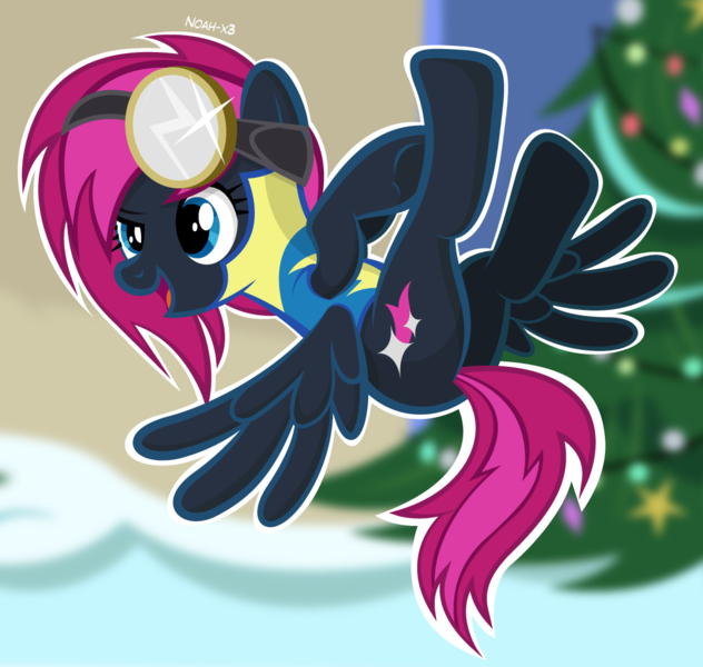 Size: 1090x1035 | Tagged: safe, artist:noah-x3, derpibooru import, oc, oc:neon flare, unofficial characters only, pegasus, pony, christmas tree, female, flying, mare, snow, solo, tree, wonderbolt trainee uniform