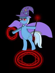 Size: 1833x2393 | Tagged: safe, artist:solarcis, derpibooru import, trixie, pony, unicorn, black background, cape, clothes, female, glowing eyes, hat, levitation, magic, mare, simple background, smirk, solo, staff, trixie's cape, trixie's hat