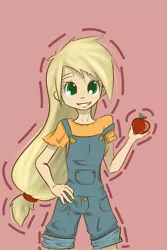 Size: 2000x3000 | Tagged: apple, applejack, artist:skune, cute, derpibooru import, dungarees, food, grin, hatless, human, humanized, light skin, looking at you, missing accessory, obligatory apple, overalls, safe, smiling, solo