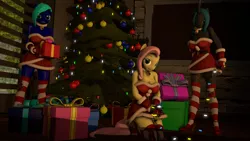 Size: 1280x720 | Tagged: suggestive, artist:legoguy9875, derpibooru import, fluttershy, queen chrysalis, oc, oc:moonlight, anthro, plantigrade anthro, 3d, bell, bell collar, bondage, christmas, christmas tree, clothes, collar, gloves, high heels, ornaments, present, socks, source filmmaker, stockings, thigh highs, tree