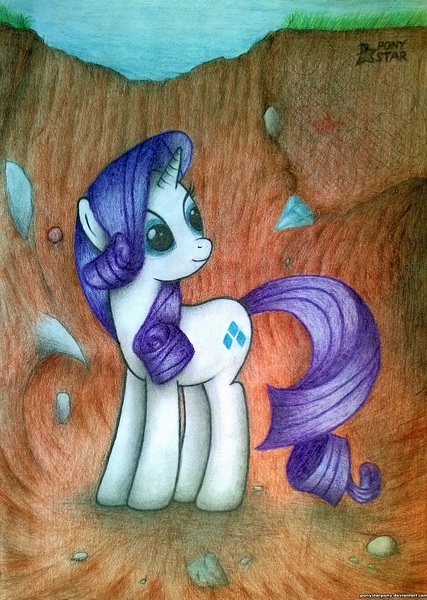 Size: 2000x2808 | Tagged: artist:ponystarpony, derpibooru import, hole, rarity, rock, safe, solo, traditional art