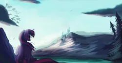 Size: 5760x3024 | Tagged: safe, artist:auroriia, derpibooru import, twilight sparkle, twilight sparkle (alicorn), alicorn, pony, absurd resolution, canterlot, cloud, mountain, pine tree, scenery, sitting, sky, solo, tree