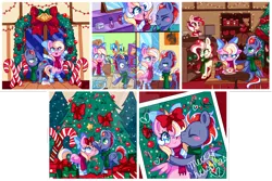 Size: 900x601 | Tagged: safe, artist:ipun, derpibooru import, oc, oc:bay breeze, oc:mahx, oc:peppermint mocha, unofficial characters only, fish, pegasus, pony, bahx, bells, bow, candy, candy cane, christmas, christmas tree, clothes, female, fishbowl, food, hair bow, heart eyes, kissing, male, mare, oc x oc, perfume, photo, scarf, shipping, socks, stallion, straight, striped socks, tree, watermark, wingding eyes