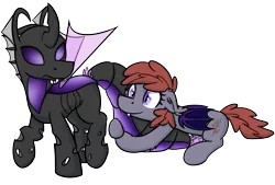 Size: 2162x1464 | Tagged: safe, artist:moemneop, derpibooru import, oc, oc:lukida, oc:memorynumber, unofficial characters only, bat pony, changeling, pony, changeling oc, hug, purple changeling, simple background, tail hug, transparent background