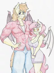Size: 4401x5953 | Tagged: suggestive, artist:flicker-show, derpibooru import, oc, oc:crisp air, oc:peach blossom, unofficial characters only, anthro, bat pony, absurd resolution, anthro oc, bracelet, breasts, cleavage, clothes, cousins, dress, duo, family, fangs, female, flower, flower in hair, jeans, jewelry, looking at you, male, mare, pants, shirt, size difference, smiling, stallion, summer dress, traditional art