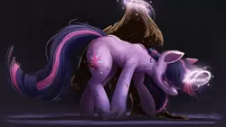 Size: 2500x1407 | Tagged: semi-grimdark, artist:ncmares, derpibooru import, twilight sparkle, pony, unicorn, fanfic, blood, cloak, clothes, fanfic art, female, glowing horn, lidded eyes, looking back, magic, mare, solo, unicorn twilight