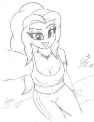 Size: 2016x2609 | Tagged: suggestive, artist:tonystorm12, derpibooru import, adagio dazzle, equestria girls, armpits, belly button, clothes, grin, looking at you, midriff, monochrome, selfie, smiling, solo, sports bra, tanktop, traditional art