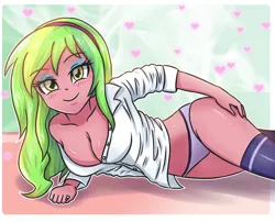 Size: 3507x2834 | Tagged: suggestive, artist:sumin6301, derpibooru import, lemon zest, equestria girls, friendship games, bedroom eyes, big breasts, blushing, breasts, busty lemon zest, cleavage, clothes, crystal prep shadowbolts, eyeshadow, female, headband, heart, lying down, makeup, panties, purple underwear, shirt, side, smiling, solo, solo female, stockings, teasing, underwear, white shirt