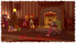 Size: 1920x1080 | Tagged: safe, artist:blumppidy, derpibooru import, adagio dazzle, aria blaze, indigo zap, lemon zest, sonata dusk, sunset shimmer, equestria girls, friendship games, rainbow rocks, 3d, christmas, christmas stocking, christmas tree, clothes, female, fireplace, lemonata, lesbian, merry christmas, present, shipping, source filmmaker, stockings, sunsagio, the dazzlings, tree