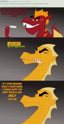 Size: 730x1414 | Tagged: artist:queencold, ask, ask caldera, comic, derpibooru import, dialogue, disgusted, dragon, dragoness, dragon oc, duo, garble, mother and son, oc, oc:caldera, safe, teenaged dragon, text, tumblr
