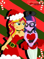 Size: 2048x2732 | Tagged: suggestive, artist:cinnamon-swirls, derpibooru import, sci-twi, sunset shimmer, twilight sparkle, equestria girls, bell, bell collar, blushing, bow, candy, candy cane, clothes, collar, dress, female, food, glasses, hair bow, hat, lesbian, santa hat, scitwishimmer, shipping, stockings, sunsetsparkle, tongue out