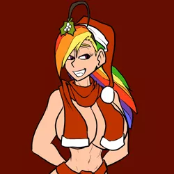 Size: 1500x1500 | Tagged: abs, anti-gravity boobs, artist:jonfreeman, big breasts, breasts, busty rainbow dash, clothes, covering, derpibooru import, earmuffs, female, grin, hat, human, humanized, impossibly thin waist, rainbow dash, santa hat, scarf, simple background, smiling, solo, solo female, suggestive
