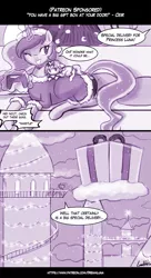 Size: 755x1390 | Tagged: safe, artist:lumineko, derpibooru import, princess luna, oc, oc:neko heart, canterlot, castle, christmas lights, clothes, comic, costume, couch, cute, dialogue, lunabetes, ocbetes, offscreen character, present, santa costume, signature