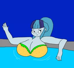 Size: 1024x943 | Tagged: suggestive, artist:portalmasterdan64, derpibooru import, sonata dusk, equestria girls, big breasts, breasts, busty sonata dusk, chubby, cleavage, female, huge breasts, looking up, poolside, smiling, solo, solo female, swimming pool, water