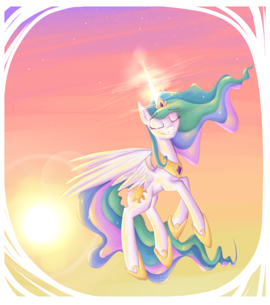 Size: 1711x1933 | Tagged: artist:mufflinka, derpibooru import, flying, magic, princess celestia, safe, solo, sun, sun work