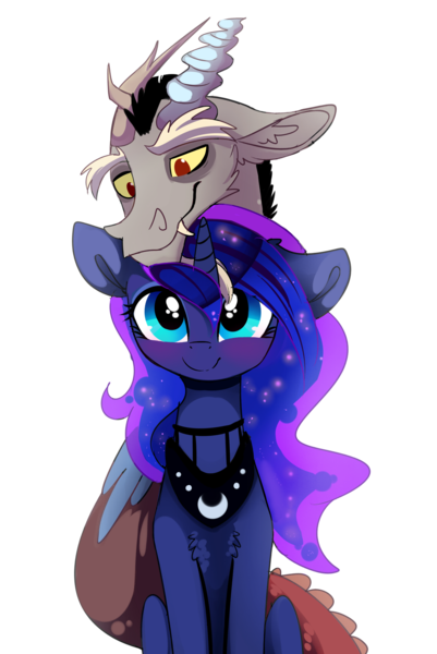 Size: 3000x4494 | Tagged: absurd resolution, artist:elementalokami, cute, derpibooru import, discord, discute, fangs, lunabetes, lunacord, male, missing accessory, princess luna, safe, shipping, smiling, straight